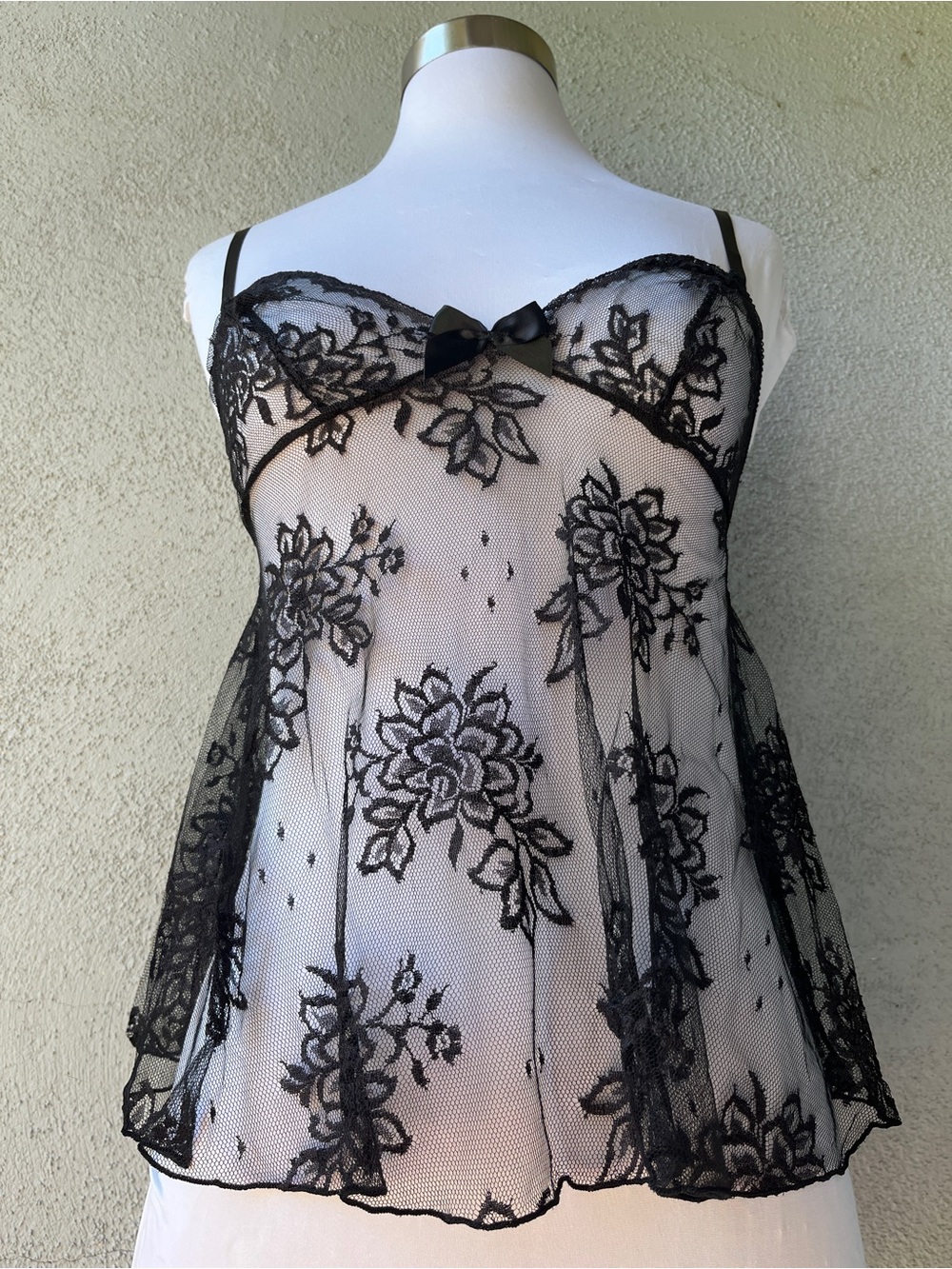 Vintage 90s Shirley of Hollywood Black Sheer Floral Lace Babydoll Cami Top Sz M